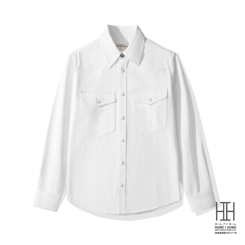 ウェスタンシャツ デニムシャツ メンズ 長袖 ストライプデニム ヘビーウェイト ダンガリー ヴィンテージ 白シャツ カジュアル アメカジ 両ポケット おしゃれ | ホームアイホーム | 01
