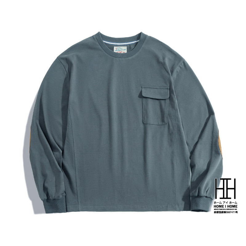 tシャツ メンズ 長袖tシャツ 大きいサイズ オーバーサイズ トレーナー 綿 ヘビーウェイト クルーネック ロンT ポケット スエードパッチ 肘パッチ 異素材切り替え | ホームアイホーム | 02