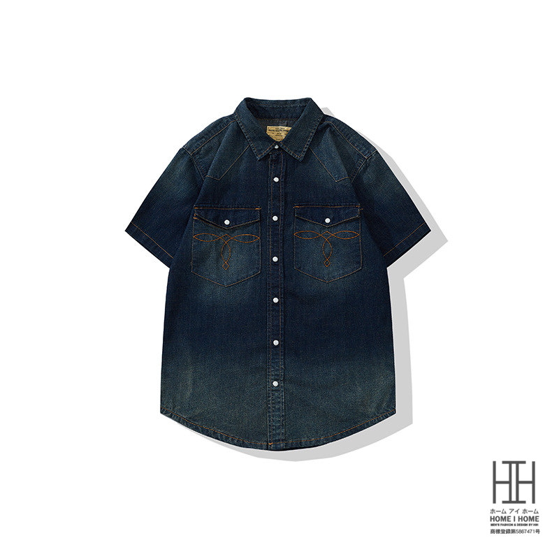 ウエスタンシャツ 半袖 デニムシャツ メンズ 半袖シャツ 両ポケット 涼しい 夏 夏服 インディゴ デニムワークシャツ ユーズド加工 おしゃれ デニムジャケット | ホームアイホーム | 02