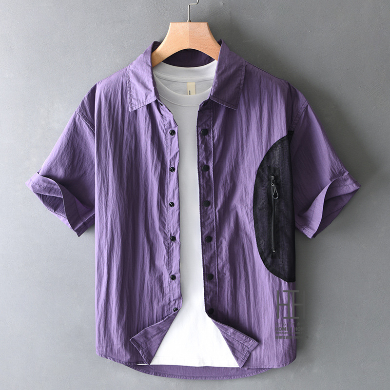 半袖シャツ メンズ ナイロンシャツ カラー配色 メンズシャツ おしゃれ スナップボタン メッシュポケット 速乾 ひんやり アウトドア トップス 羽織り 夏 夏服 | ホームアイホーム | 03