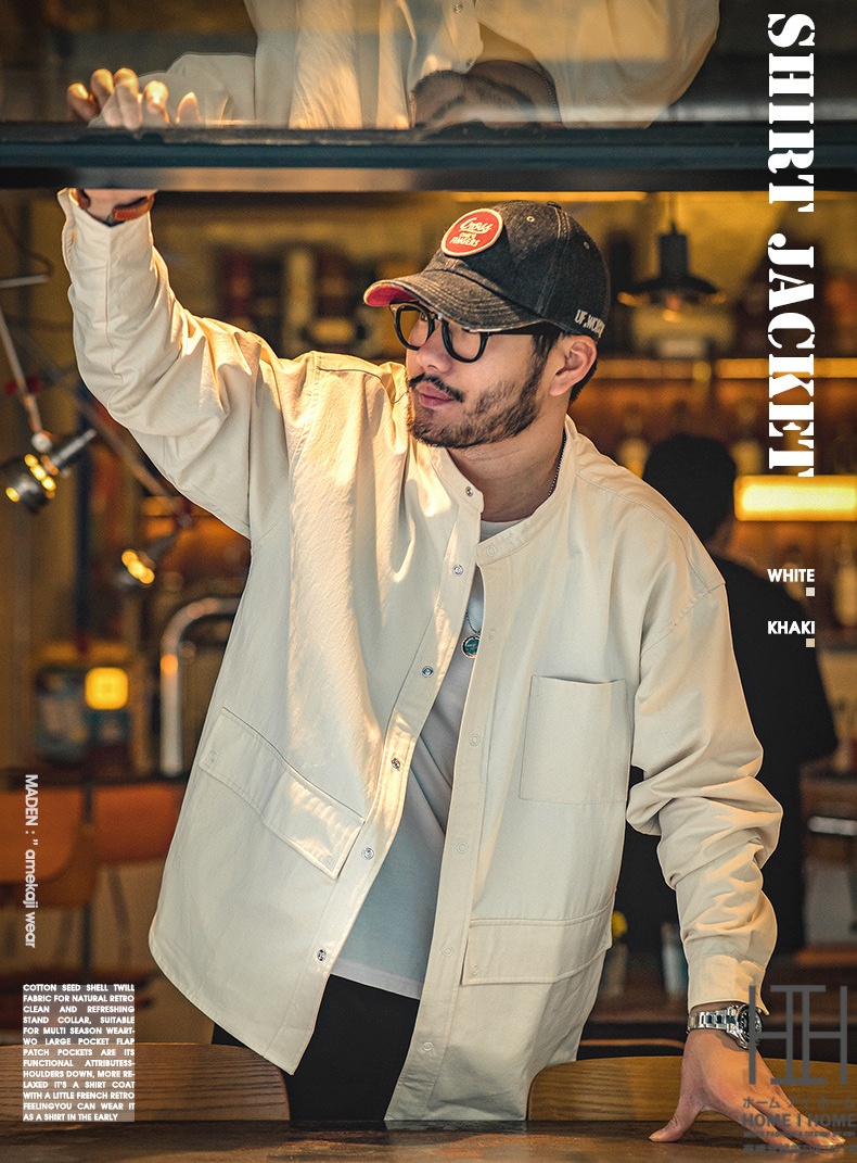 バンドカラー シャツジャケット メンズ 長袖 カジュアルシャツ 綿100 大きいサイズ アメカジ ポケット 長袖シャツ ゆったり ライトアウター 30代 40代 50代 | ホームアイホーム | 01