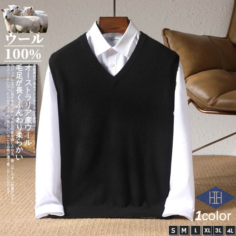 ニット ベスト 薄手 ウール100% メンズ ビジネス セーター 秋冬 Vネック 無地 シンプル 定番 トップス 袖なしニット ジレ カジュアル 裾リブ 30代 40代 50代 | ホームアイホーム | 04