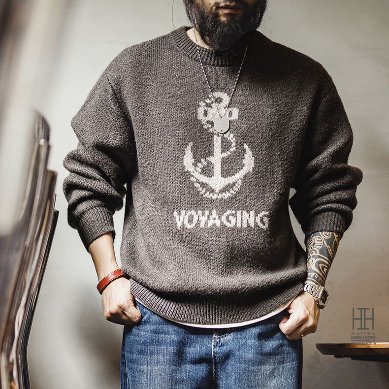 ニット メンズ 長袖 セーター リブ ジャカード 錨 イカリ模様 英文字 ウール混 トップス クルーネック カジュアル 20代 30代 40代 50代 60代 アクリル 秋 冬 | ホームアイホーム | 02