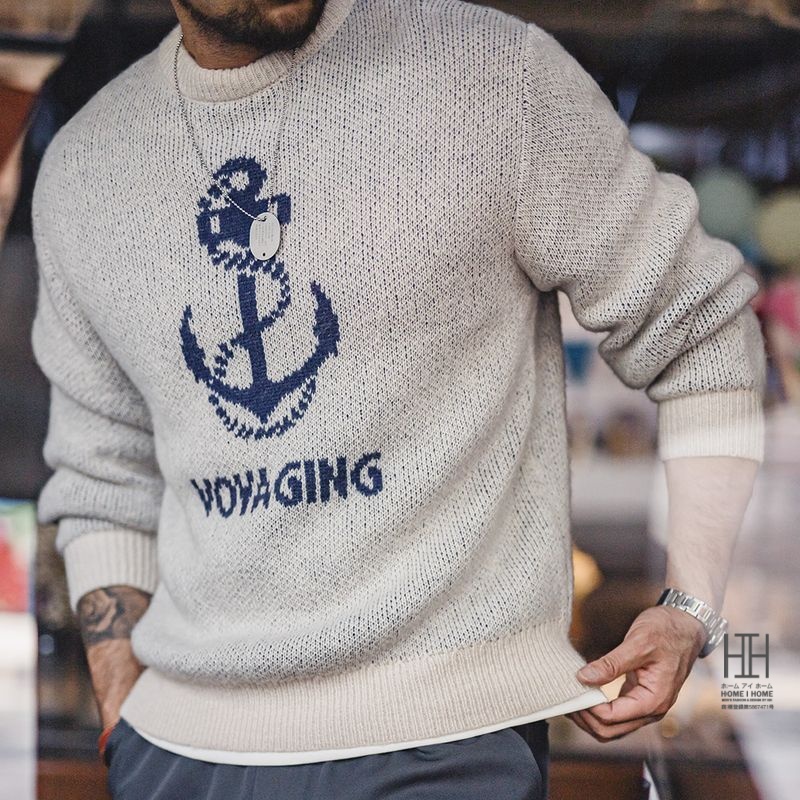 ニット メンズ 長袖 セーター リブ ジャカード 錨 イカリ模様 英文字 ウール混 トップス クルーネック カジュアル 20代 30代 40代 50代 60代 アクリル 秋 冬 | ホームアイホーム | 01