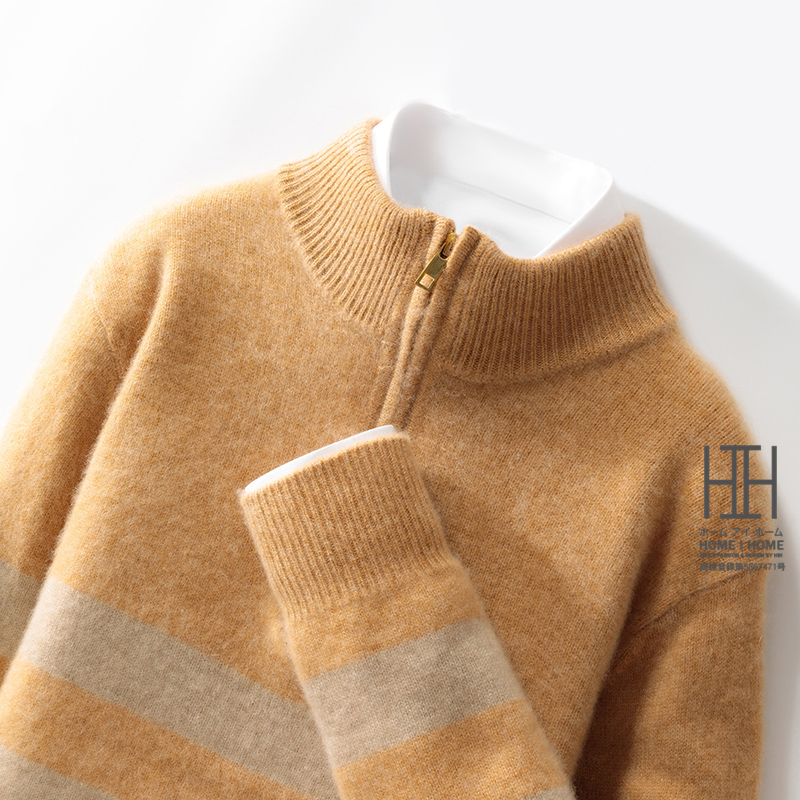 ウールセーター メンズ 長袖 ハーフジップセーター ハイネック おしゃれ ボーダー柄 ウール100 カラー配色 秋冬 秋服 冬服 冬 通勤 カジュアル ビジカジ 紳士 | ホームアイホーム | 01