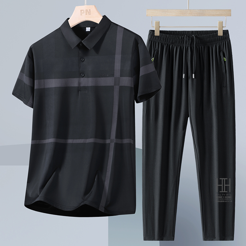 ゴルフウェア 上下セット 半袖ポロ イージーパンツ メンズ ゴムウェスト ドライ ひんやり ストレッチ チェック柄 ライン入り ワンポイント 吸汗速乾 おしゃれ | ホームアイホーム | 03