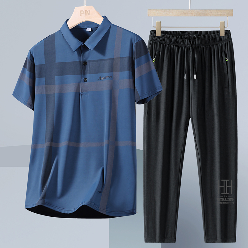ゴルフウェア 上下セット 半袖ポロ イージーパンツ メンズ ゴムウェスト ドライ ひんやり ストレッチ チェック柄 ライン入り ワンポイント 吸汗速乾 おしゃれ | ホームアイホーム | 05