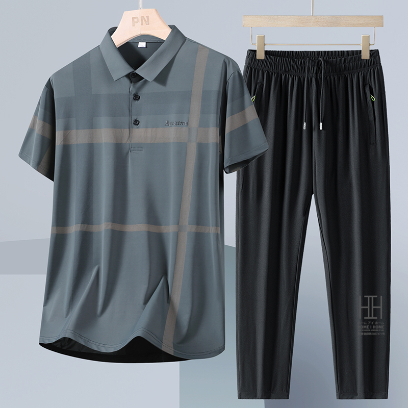 ゴルフウェア 上下セット 半袖ポロ イージーパンツ メンズ ゴムウェスト ドライ ひんやり ストレッチ チェック柄 ライン入り ワンポイント 吸汗速乾 おしゃれ | ホームアイホーム | 02
