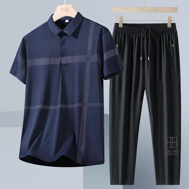 ゴルフウェア 上下セット 半袖ポロ イージーパンツ メンズ ゴムウェスト ドライ ひんやり ストレッチ チェック柄 ライン入り ワンポイント 吸汗速乾 おしゃれ | ホームアイホーム | 04