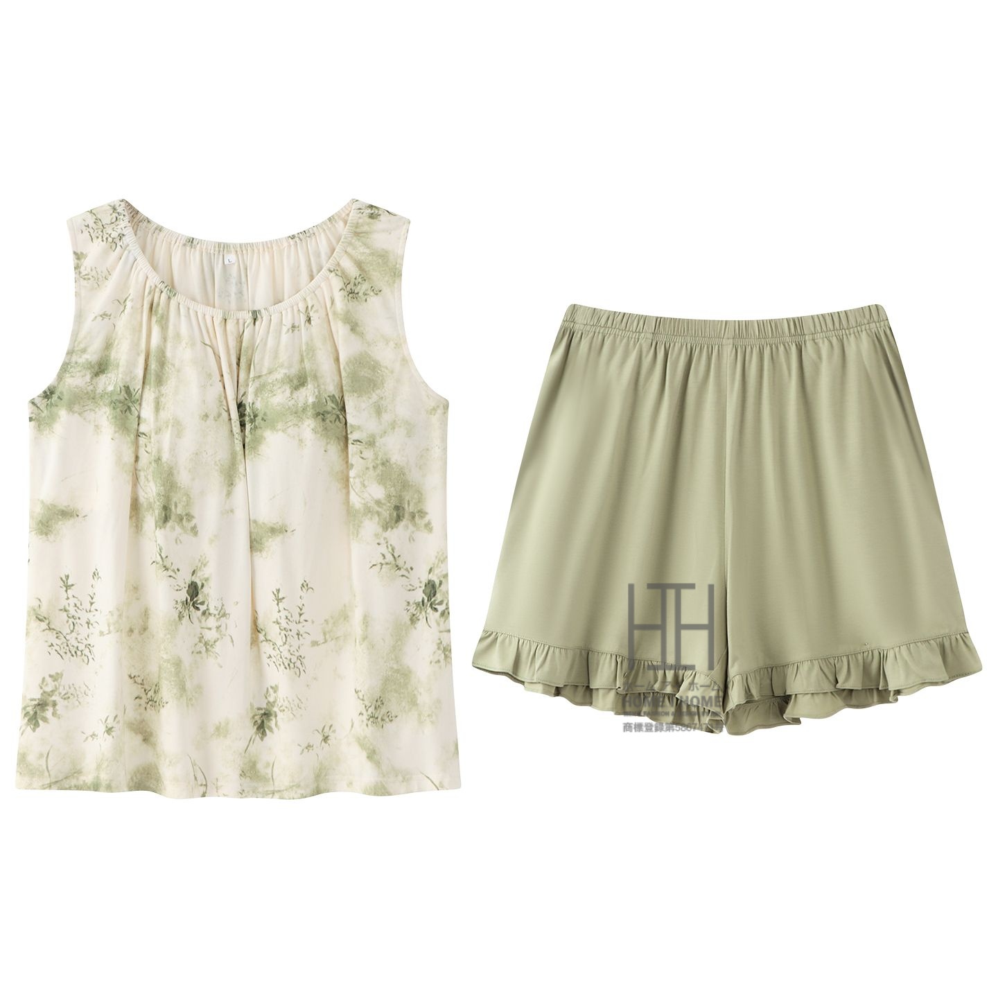 ルームウェアセット カップ付きタンクトップ ショートパンツ 2点セット パジャマ レディース 柄物 水墨 染め柄 ストレッチ 体型カバー 女性 大きいサイズ 夏用 | ホームアイホーム | 01