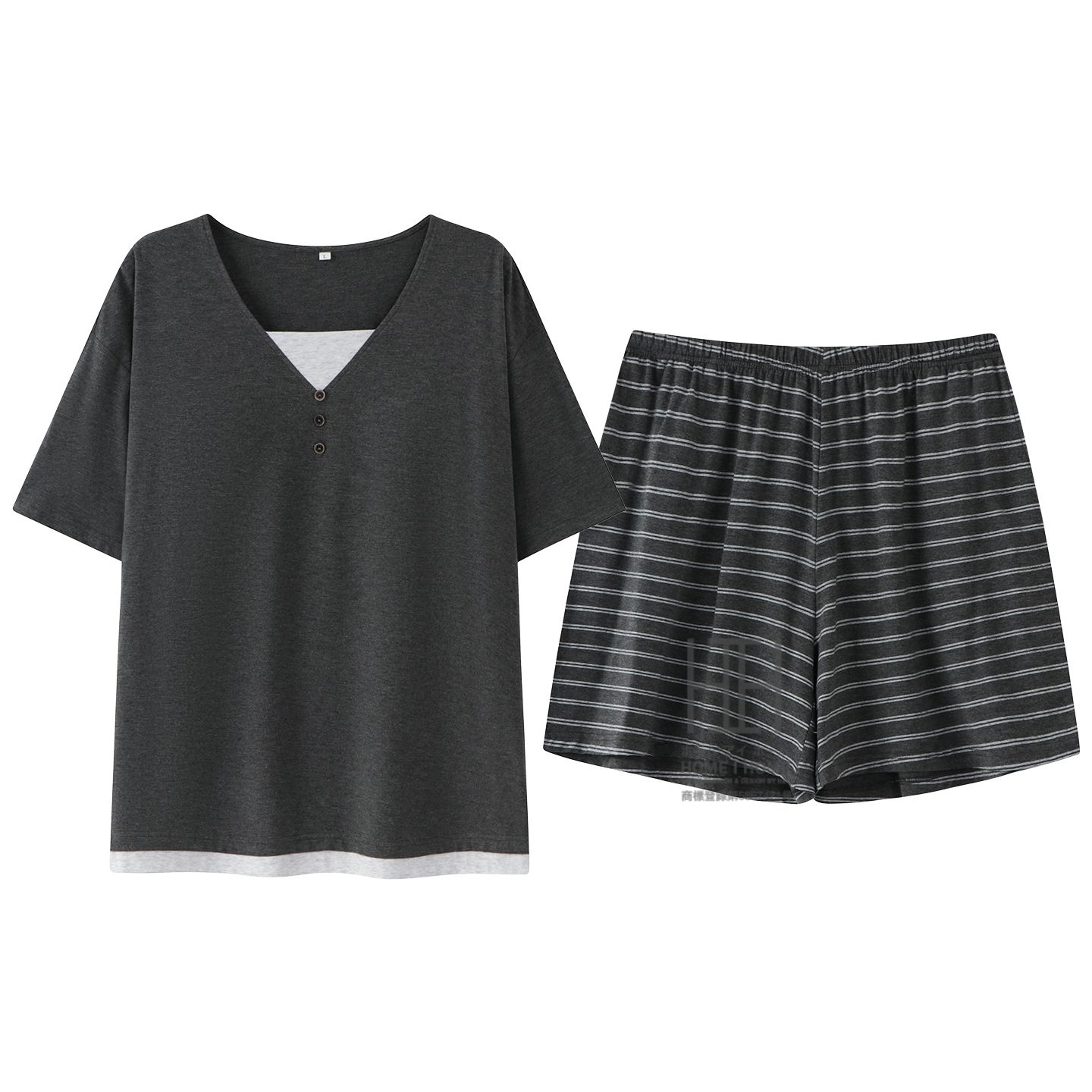 パジャマ レディース ルームウェアセット 2点セット フェイクレイヤード 重ね着風 Vネック カップ付きtシャツ 半袖 ショートパンツ ボーダー柄 部屋着 お出かけ | ホームアイホーム | 01