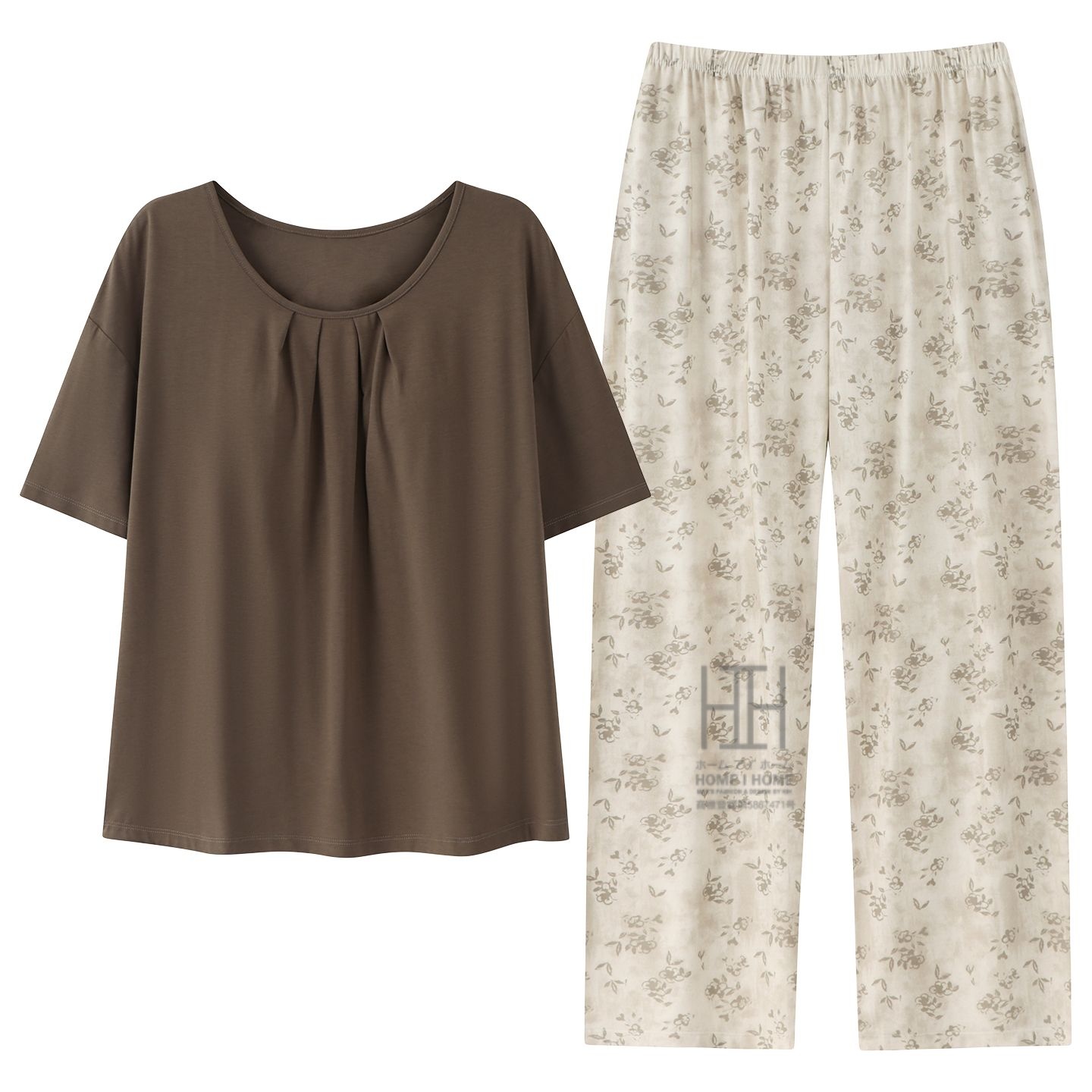 ルームウェアセット レディース パジャマ ホームウェア 2点セット カップ付き 半袖Tシャツ ロングパンツ 静電気防止 体型カバー 大きいサイズ プレゼント | ホームアイホーム | 01