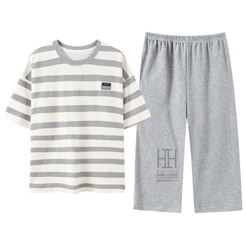 ルームウェアセット パジャマ 2点セット レディース 半袖Tシャツ ボーダー柄 七分丈パンツ ワッフルtシャツ 綿 100 ポケット付き おしゃれ 体型カバー お出かけ | ホームアイホーム | 01