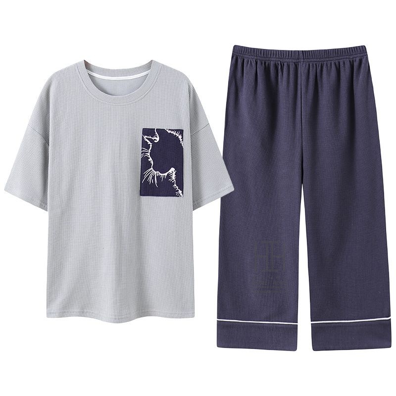ルームウェアセット パジャマ 2点セット レディース 半袖Tシャツ ボーダー柄 七分丈パンツ ワッフルtシャツ 綿 100 ポケット付き おしゃれ 体型カバー お出かけ | ホームアイホーム | 02