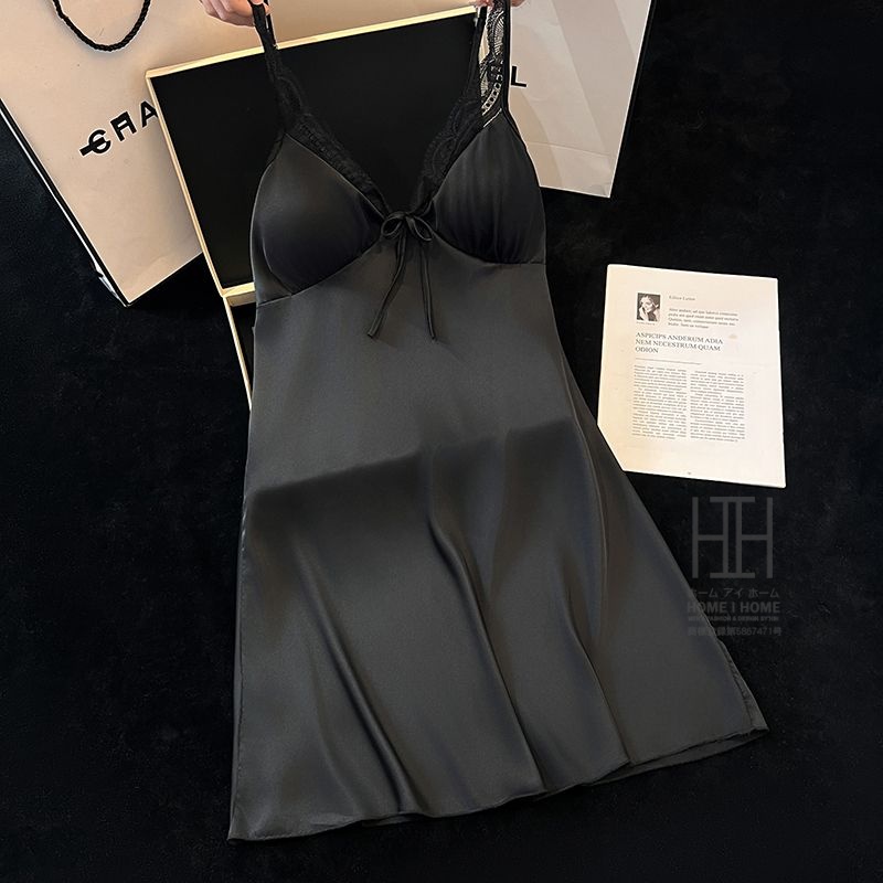 スリップ キャミソールワンピース パジャマ ランジェリー レディース ツルツル カップ付き サテン調 光沢 Vネック 接触冷感 ひんやり 滑らか セクシー 可愛い | ホームアイホーム | 03