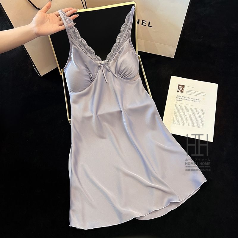 スリップ キャミソールワンピース パジャマ ランジェリー レディース ツルツル カップ付き サテン調 光沢 Vネック 接触冷感 ひんやり 滑らか セクシー 可愛い | ホームアイホーム | 02