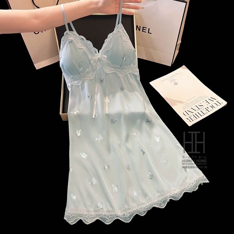 スリップ キャミソールワンピース ランジェリー レディース 蝶柄 Vネック カップ付き 涼感 ひんやり 滑らか 光沢 ナイトドレス 接触冷感 サテン調 可愛い 部屋着 | ホームアイホーム | 01