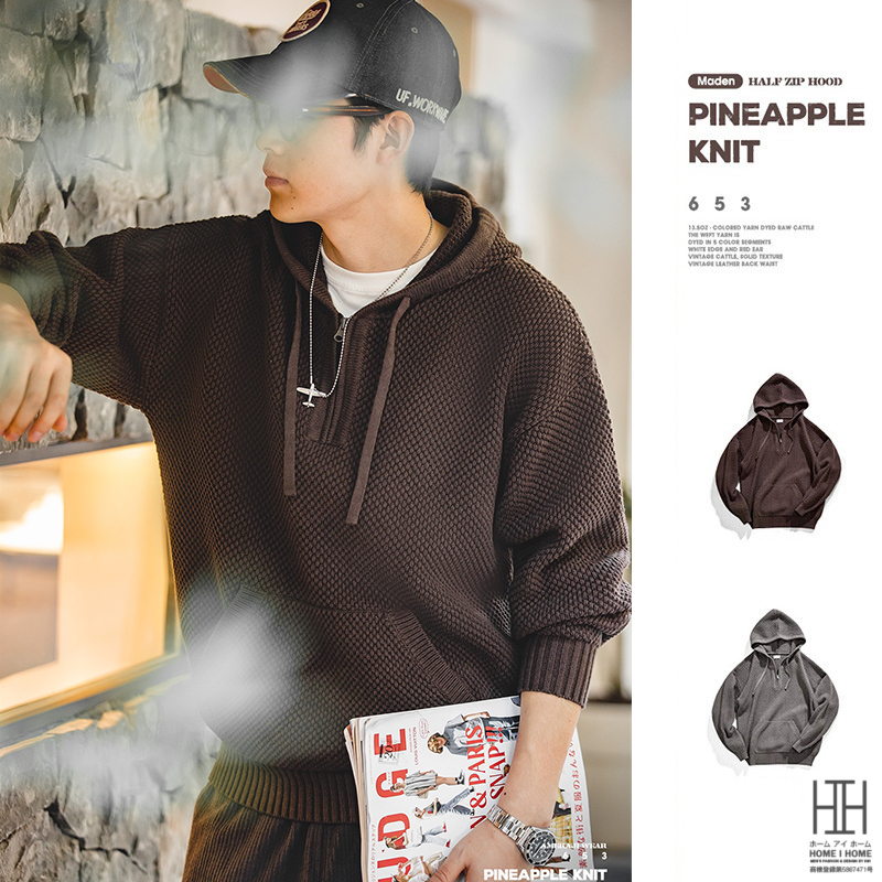 ニットパーカー セーター メンズ ニット トップス 秋冬 ハーフジップ フード付き 大きいサイズ カンガルーポケット カジュアル プルオーバー 編みニット | ホームアイホーム | 01