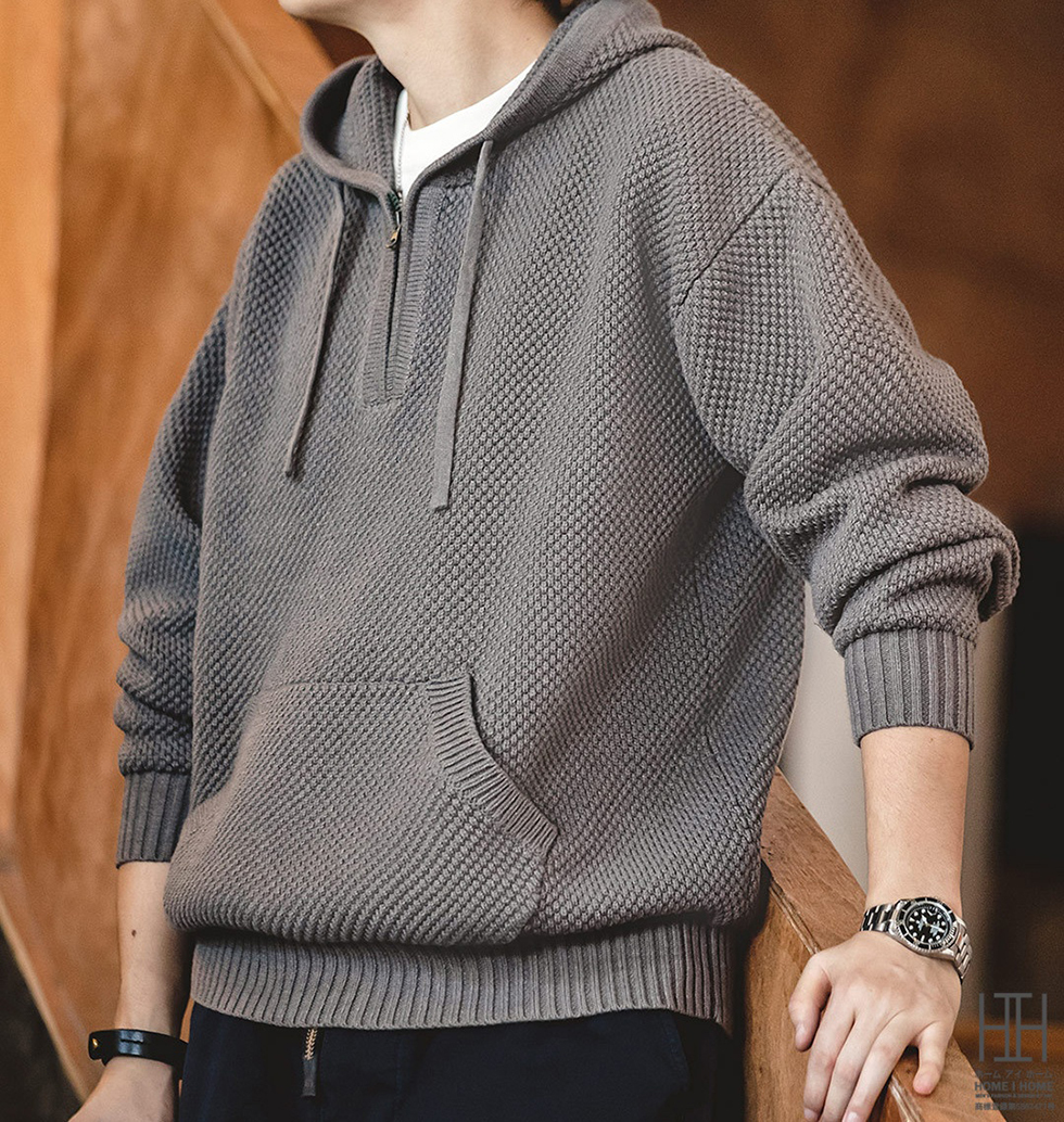 ニットパーカー セーター メンズ ニット トップス 秋冬 ハーフジップ フード付き 大きいサイズ カンガルーポケット カジュアル プルオーバー 編みニット | ホームアイホーム | 02