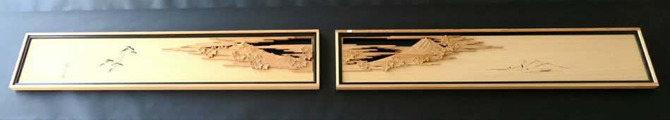 欄間 建具 欄間彫刻  高級手彫り欄間２間１組（１間×２枚）彫刻＋透かし   富士山 彫刻 屋久杉　板 杉の柾目 - 7
