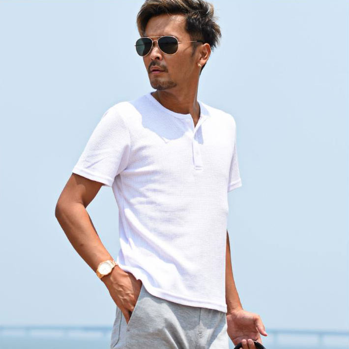 ヘンリーネック 半袖シャツ リブ素材 シンプル ストリート系 セール】[2025 SUMMER COLLECTION]配色ヘンリーネックレイヤード