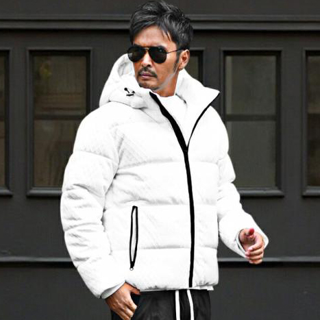 新品エムズグレイ ホワイト フード付きショートダウンジャケット アウター メンズ 冬 中綿ジャケット カットジャガード ブルゾン 秋冬