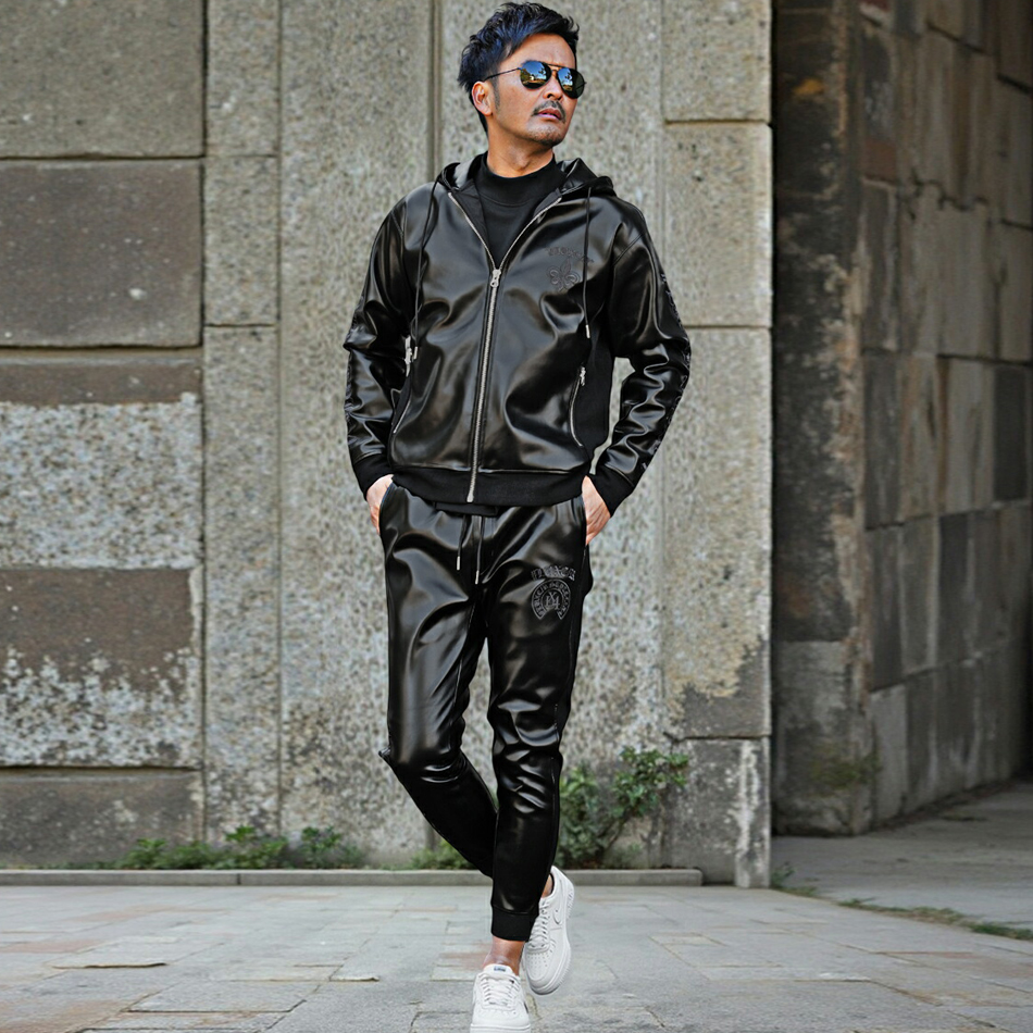 セットアップ メンズ 秋 冬 上下セット ジャージ レザー パーカー