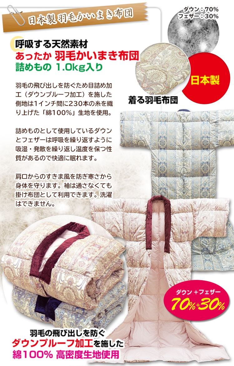 羽毛 かいまき布団 日本製 あったか 詰めもの 1.0kg入り メーカー直販