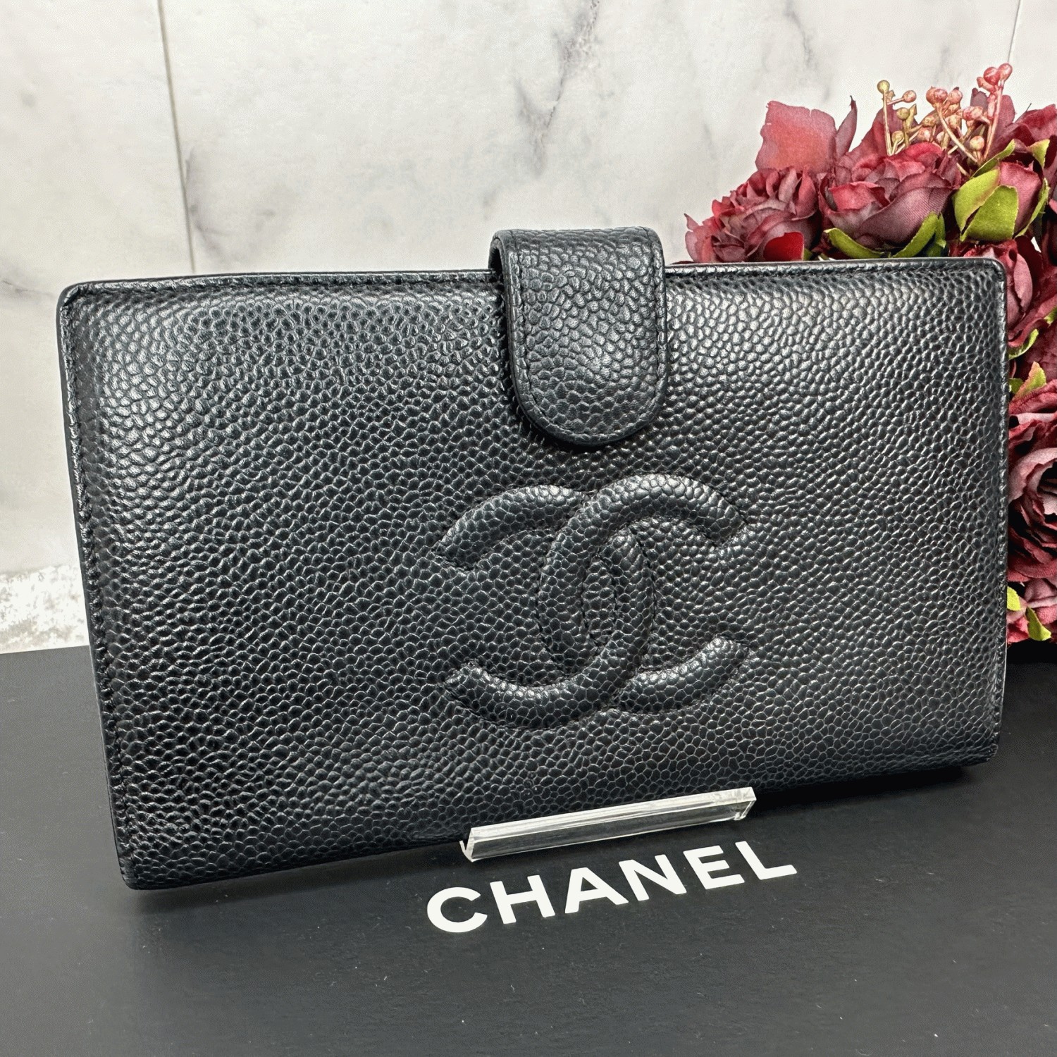 美品☆】シャネル CHANEL キャビアスキン ココマーク がま口 長財布