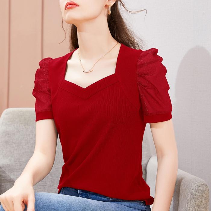サマーニット 接触冷感 二の腕カバー Tシャツ レディース トップス パフスリーブ 切り替え リブ 半袖 トラペーズネック ぽわん袖 夏 | ブランド登録なし | 02