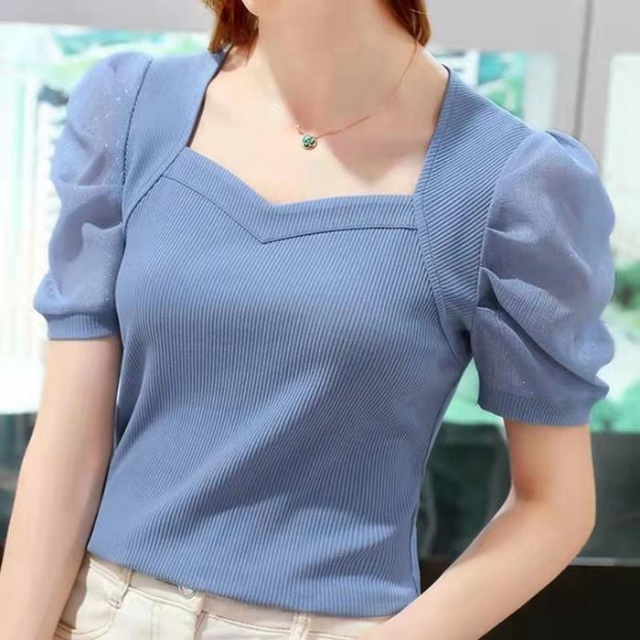 サマーニット 接触冷感 二の腕カバー Tシャツ レディース トップス パフスリーブ 切り替え リブ 半袖 トラペーズネック ぽわん袖 夏 | ブランド登録なし | 05