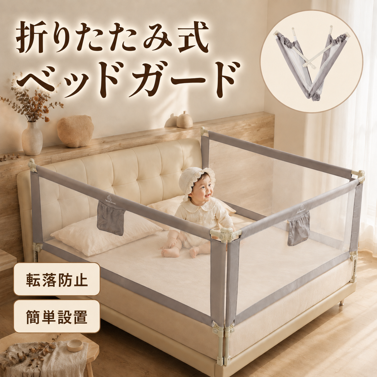 ベッドガード ベッドフェンス 幼児用 折りたたみ式 転落防止 高さ調節