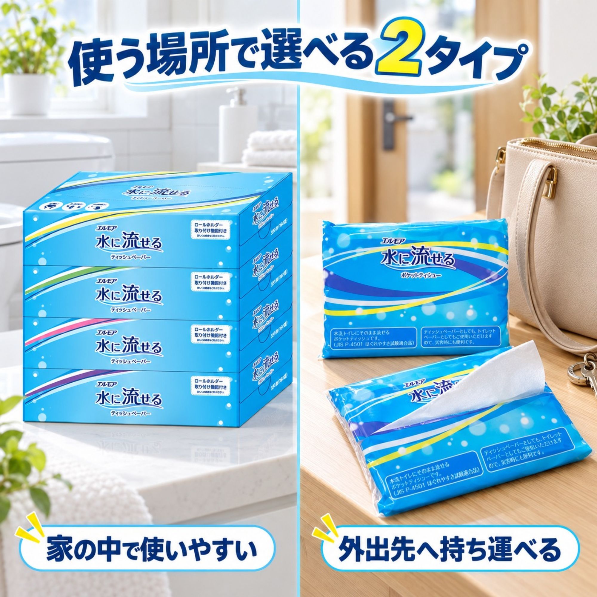 水に流せる ティッシュペーパー 水に溶けやすい トイレに流せる 紙 ボックス ティッシュ ちり紙 チリ紙 落とし紙 10箱 まとめ買い エルモア 関連画像1