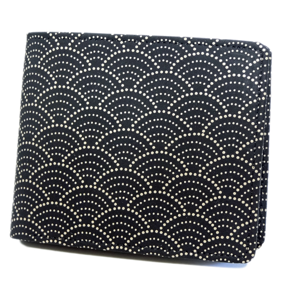 印傳屋（INDEN-YA） 印伝 財布 二つ折り札入 2006 黒地鹿革 白漆 青海