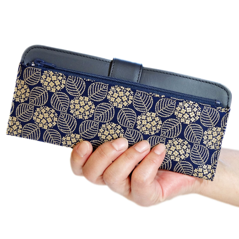 印傳屋（INDEN-YA） 印伝 長財布 束入 2107 紺地鹿革白漆 あじさい