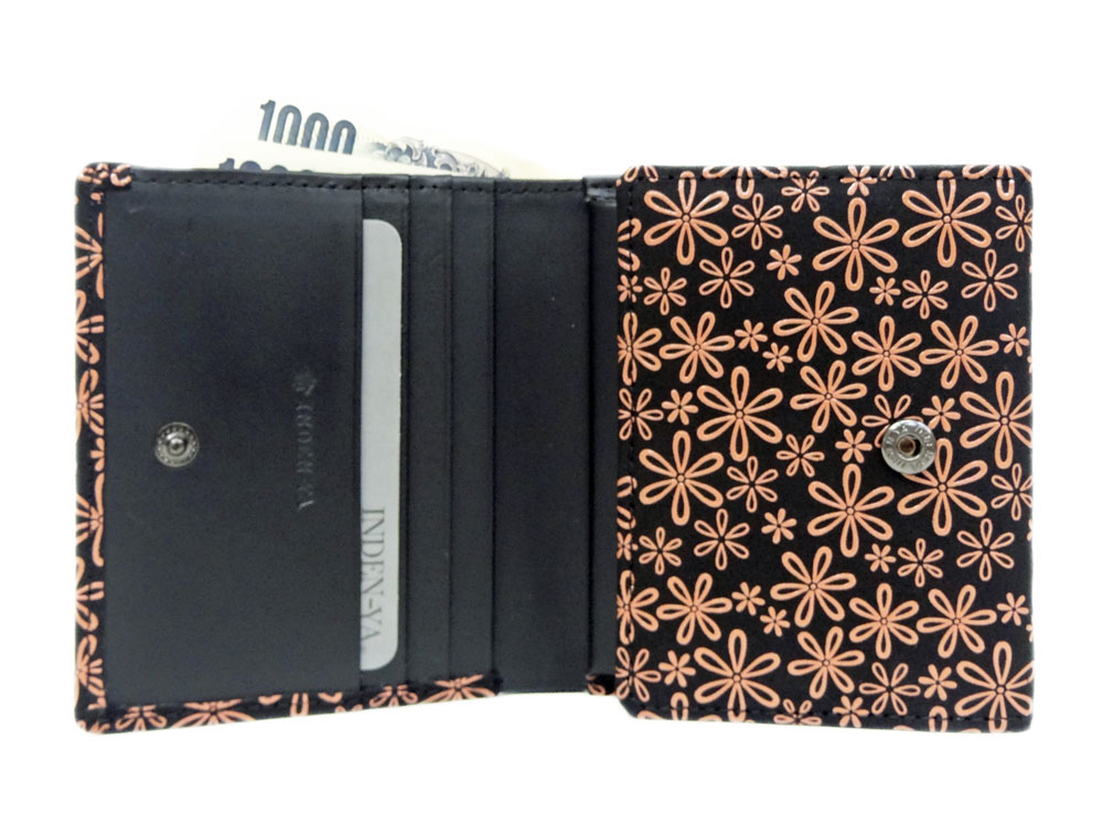 印傳屋（INDEN-YA） 印伝 財布 二つ折り札入 2204 黒地鹿革ピンク漆