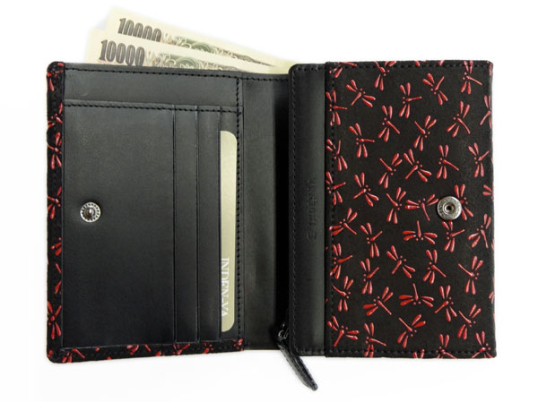 印傳屋（INDEN-YA） 印伝 財布 二つ折り札入 2205 黒地鹿革 赤漆