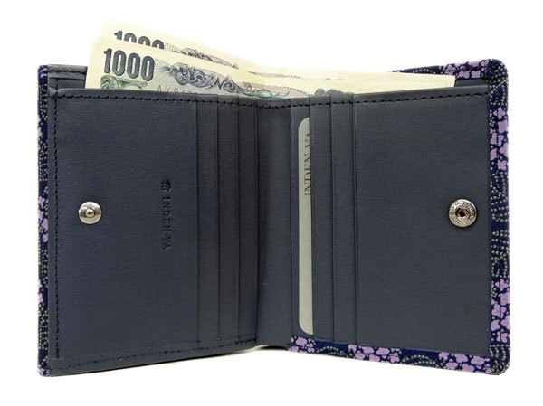 【新品】　印伝屋　インデンヤ　折り財布　あじさい　紫 印傳屋（INDEN-YA） 印伝 財布 二つ折り札入 8004 みその 紺地鹿革