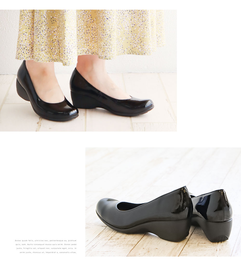 パンプス プレーン ベーシック シンプル PUレザー エナメル 日本製 通気性 耐久性 抗菌性 ファーストコンタクト ウエッジ 婦人靴 黒 コンフォートシューズ 39420｜s-martceleble｜06