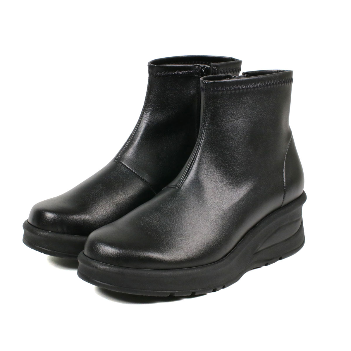 ストレッチブーツ レディース 日本製 ショート ヒール 黒 厚底