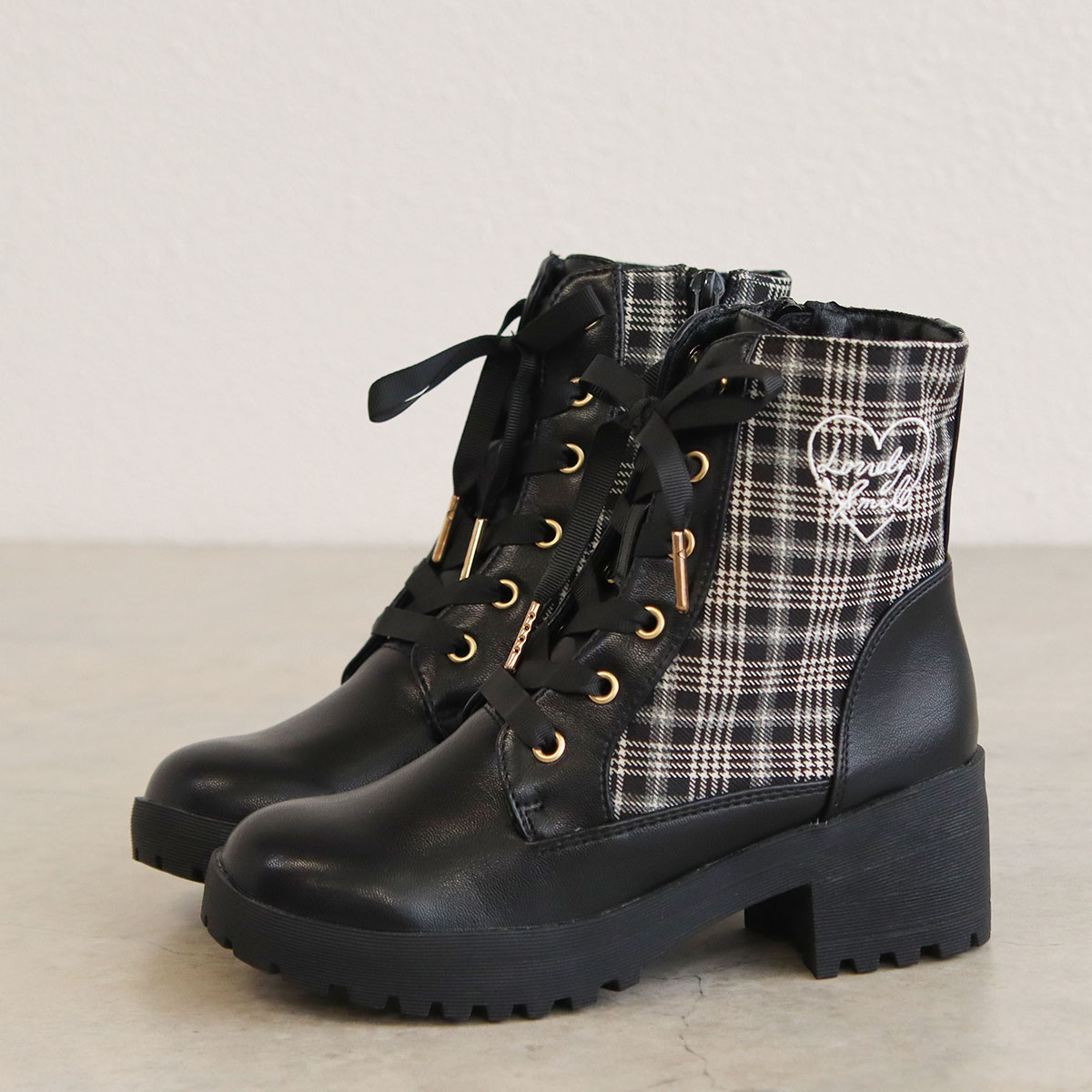 ブーツ キッズ 子供 女の子 レース アップ ショート チェック ジュニア