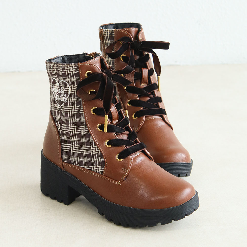 ブーツ キッズ 子供 女の子 レース アップ ショート チェック ジュニア
