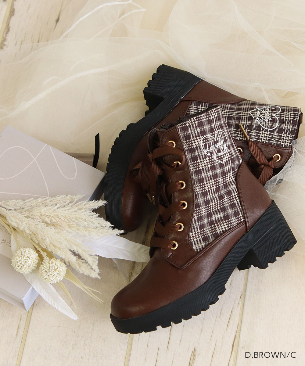 ブーツ キッズ 子供 女の子 レース アップ ショート チェック ジュニア