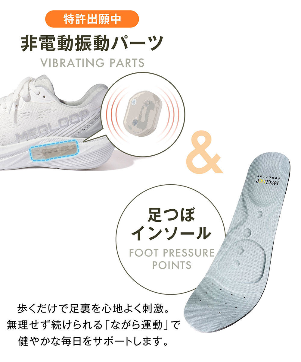 振動 シューズ ダイエット スニーカー レディース メンズ 厚底 靴 立ったまま履ける ハンズフリー 黒 ブラック 白 MEGLOOP 1005 爆買の画像
