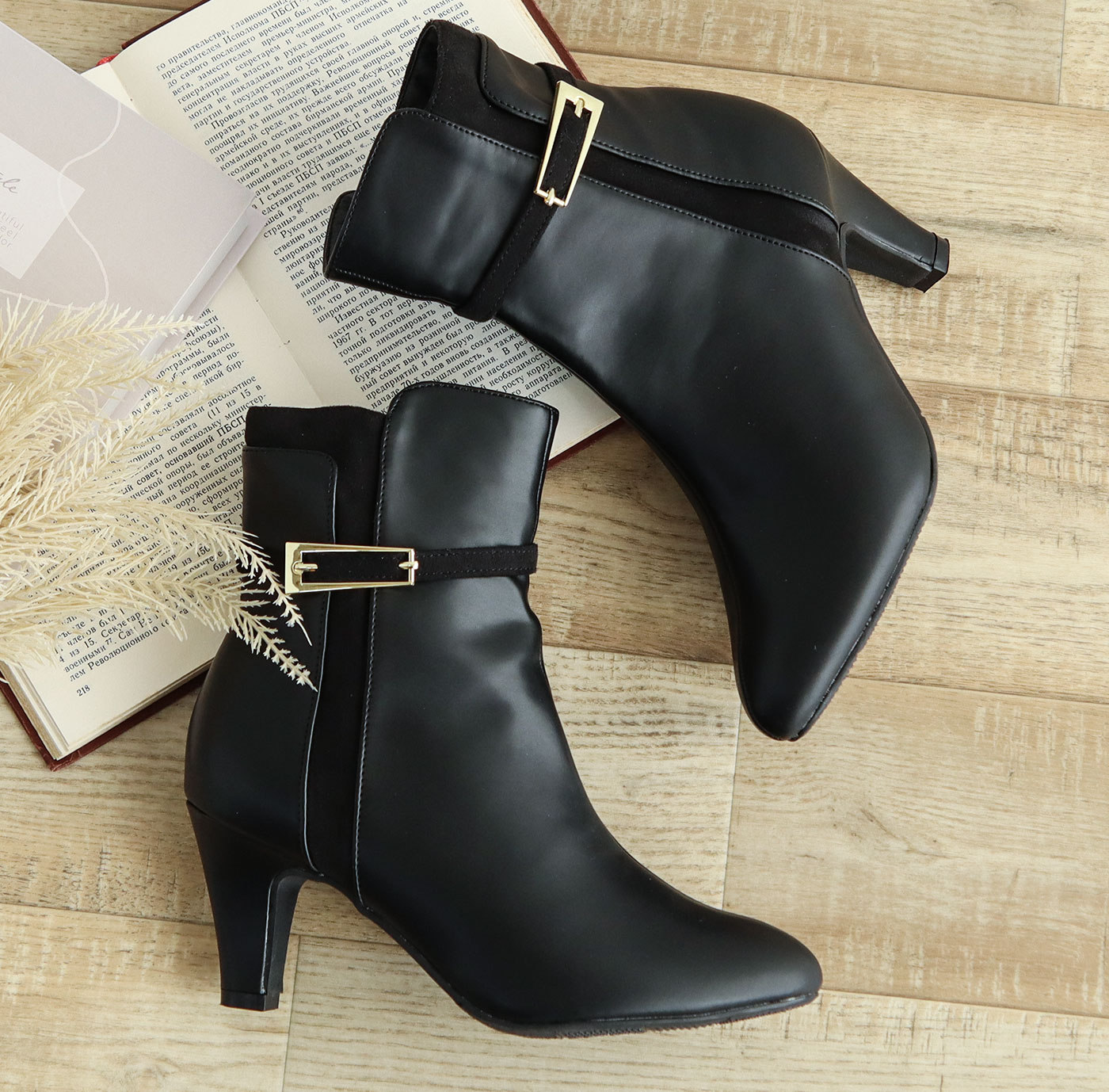 ショートブーツ レディース 7cm ヒール 美脚 千鳥格子 ゴールド