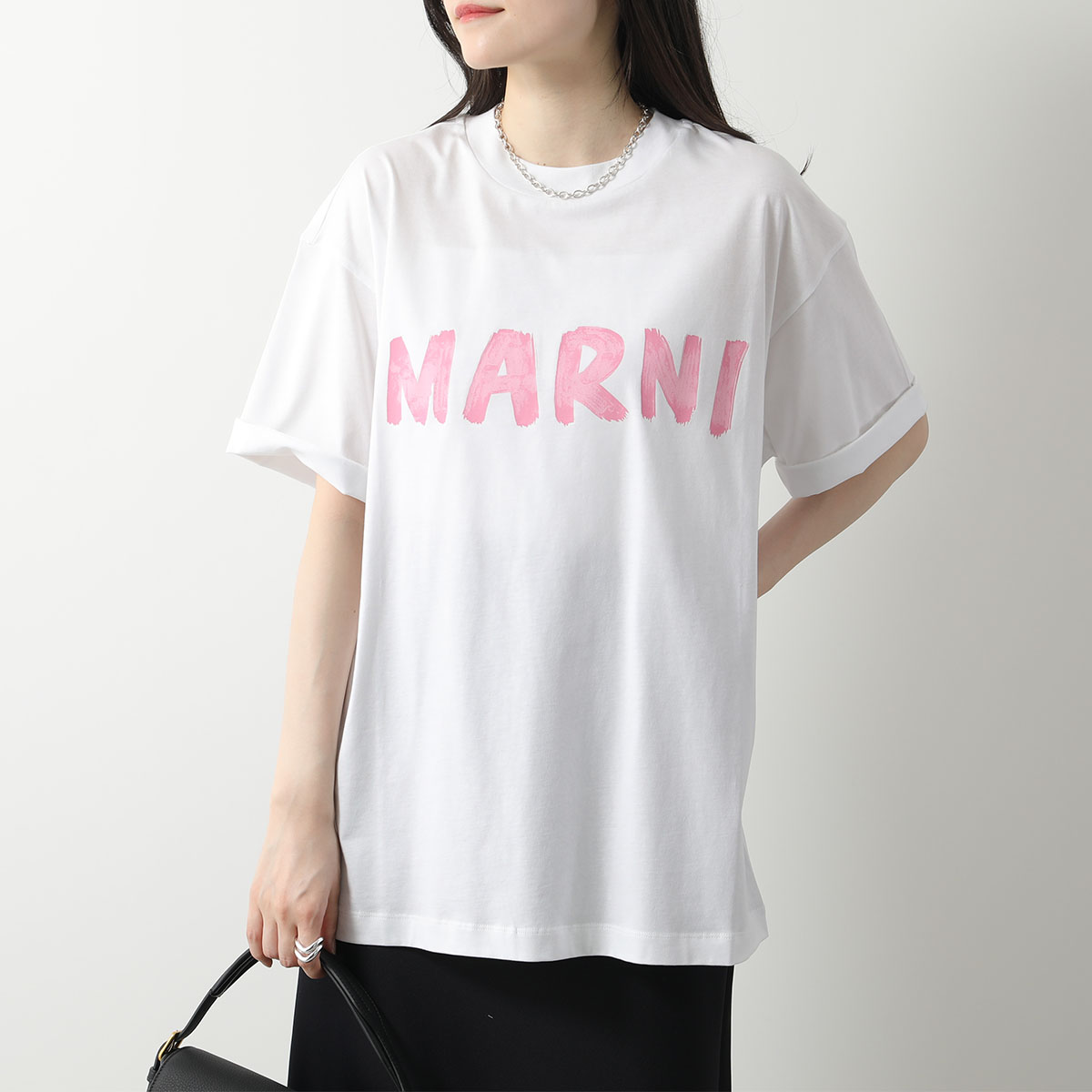 MARNI マルニ Tシャツ THJET49EPH USCS11 レディース マルニレタリングプリント ミドルスリーブ クルーネック オーバーサイズ  半袖 カットソー ロゴT