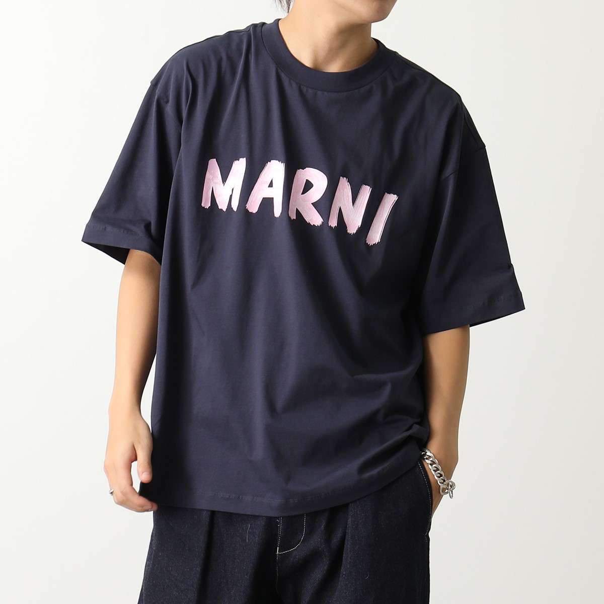 MARNI マルニ Tシャツ THJET49EPH USCS11 メンズ マルニレタリングプリント ミドルスリーブ クルーネック オーバーサイズ 半袖  カットソー ロゴT カラー9色