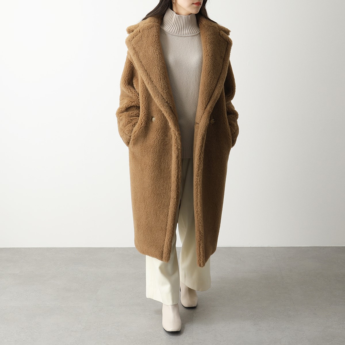 MAX MARA マックスマーラ ファーコート TEDDY キャメル シルク テディコート チェスターコート オーバーサイズ ダブルブレスト  ロングコート 001