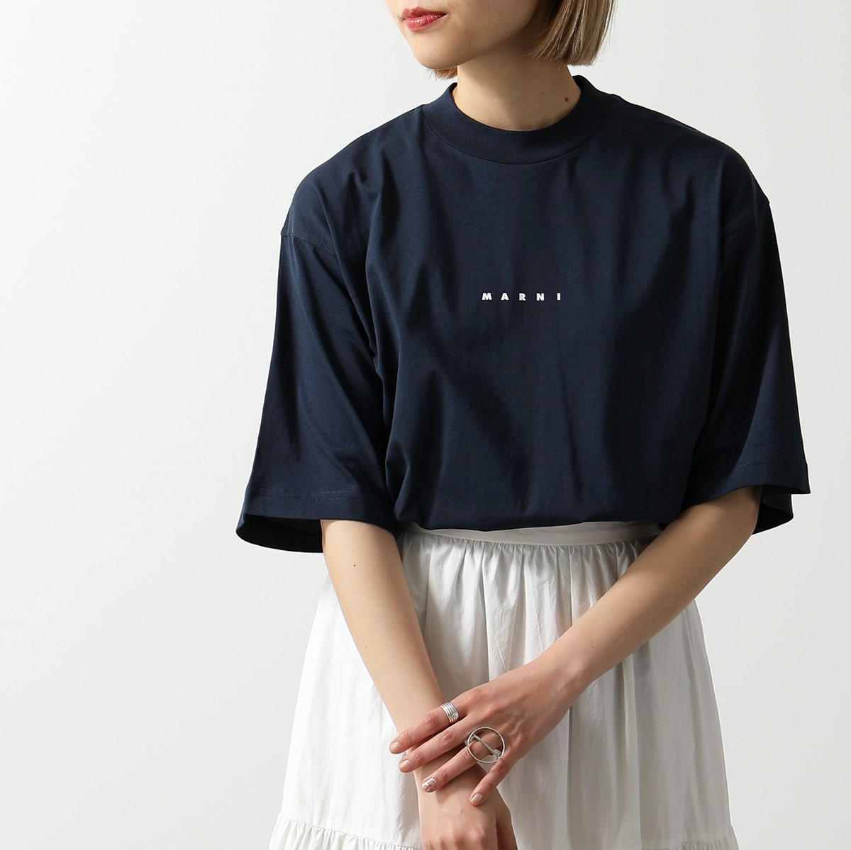 MARNI マルニ Tシャツ HUMU0223P1 USCS87 レディース コットン ちびロゴT モックネック オーバーサイズ 半袖 カラー2色