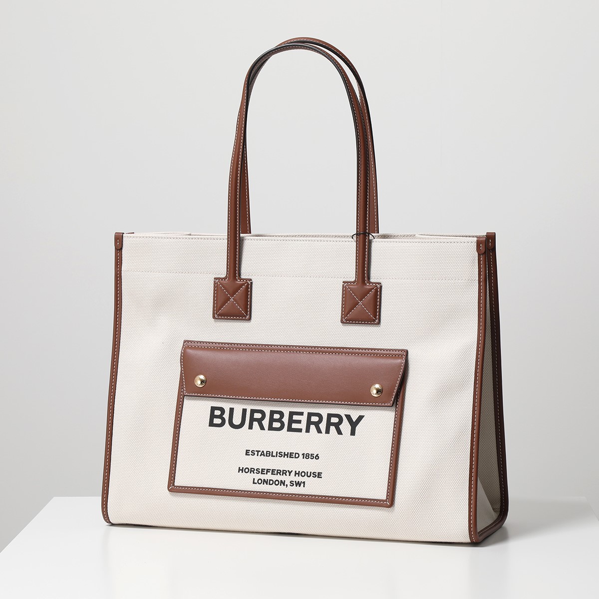 BURBERRY バーバリー トートバッグ FREYA TOTE 8044129 8055747 8044128 レディース LL MD POCKET  DTL ミディアム キャンバス×レザー ツートン 鞄